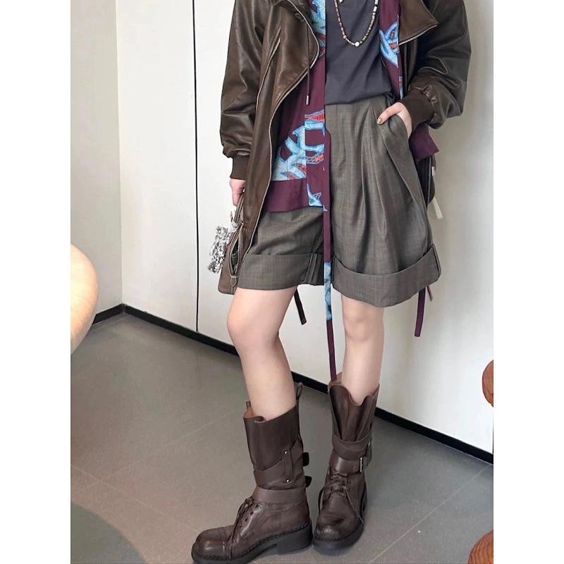 Rindslederversion Retro Britische Martin Stiefel Damen Neue Dicke Ferse Gürtelschnalle Kurze Stiefel Dünne Motorradstiefel Vielseitige Einzelstiefel