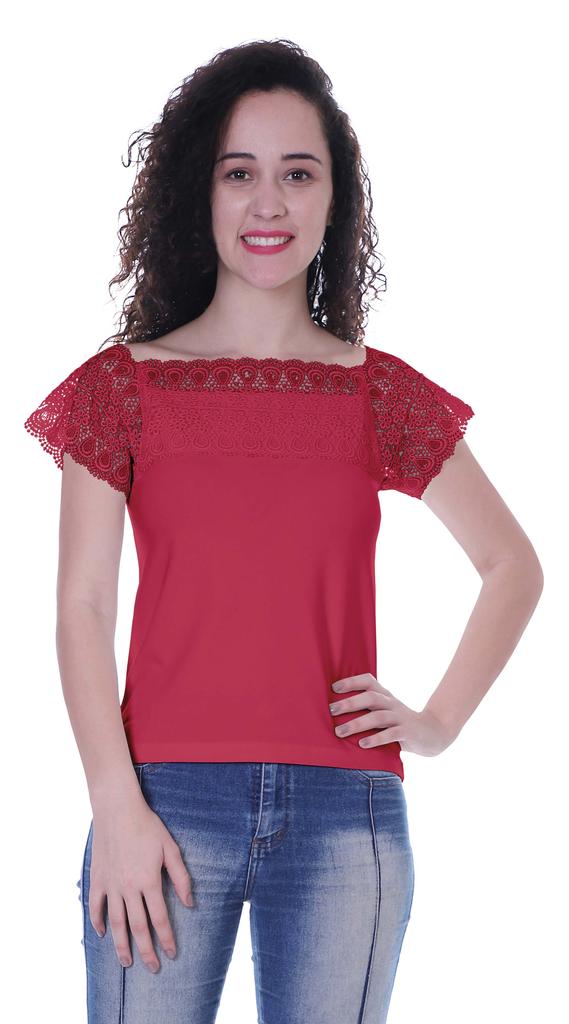 Moomaya Lace Sleeve Tops For Women Plain Boat Neck Tee Shirt
