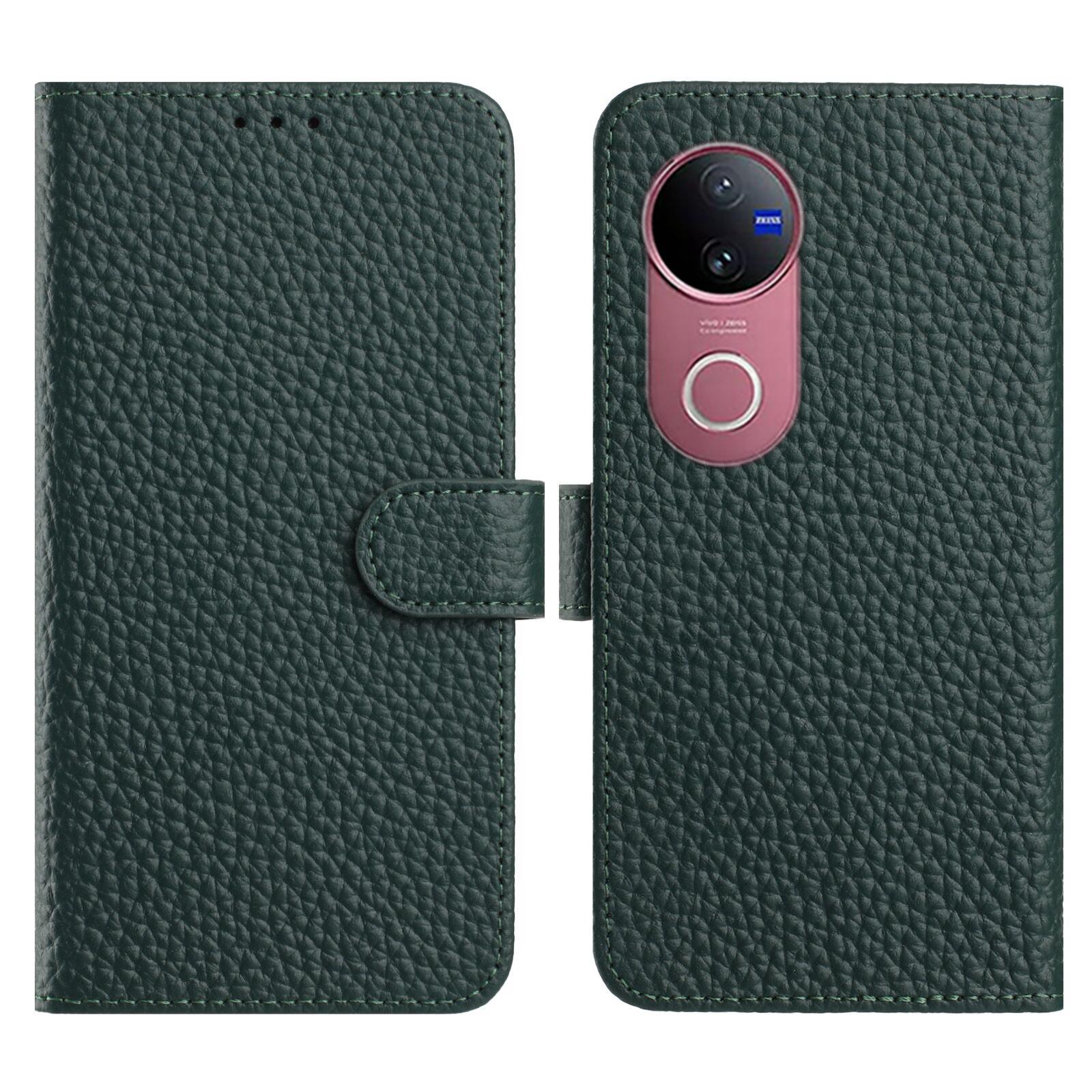 

For vivo V50 5G/V50e 5G Case Wallet Stand Litchi Texture Genuine Cow Leather Flip Phone Cover Green