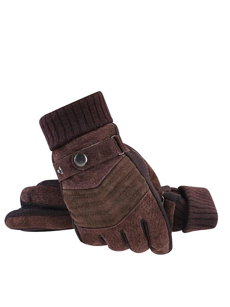 Gloves Men's Winter Cycling Motorcycle Windproof Cold Insulation Warm Leather Touch Screen Anti-Slip Thick Pile Black Gloves