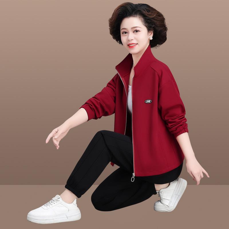 

2025 Spring Red Sports Jacket Set for Middle-Aged Women: Zodiac-Inspired Top 5XL (Recommend 151-170 lbs)