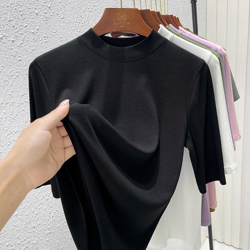 

Black half-sleeved t-shirt women s summer new front shoulder stand-up collar slim t-shirt women s five-quarter-sleeved versatile top M чёрный