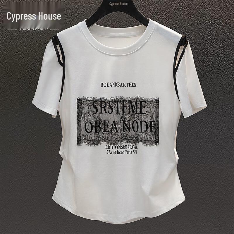Women s Round Neck Short Sleeve T-Shirt with Lace Trim M