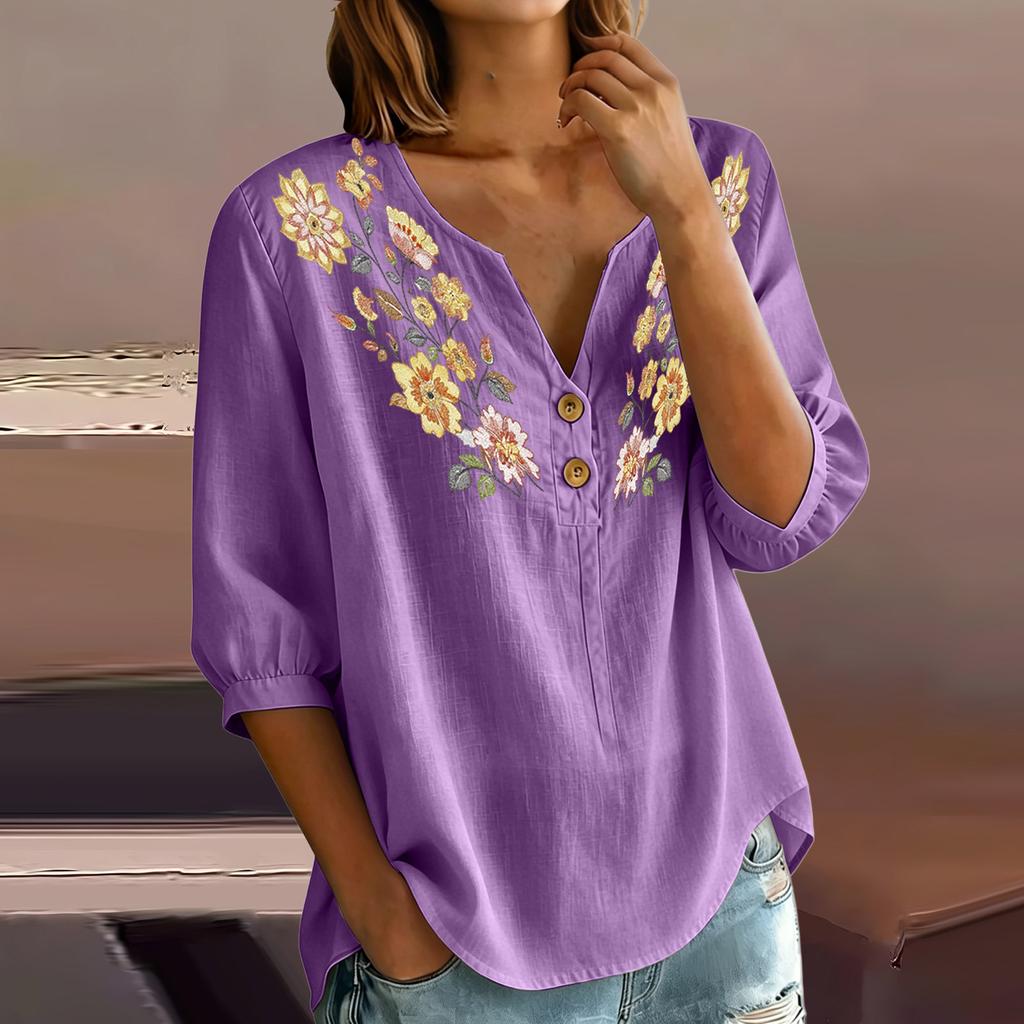 Women Floral Pattern Henley Neck Button Front Three Quarter Sleeve Linen Cotton Blend Shirt Casual Loose Fit Blouse