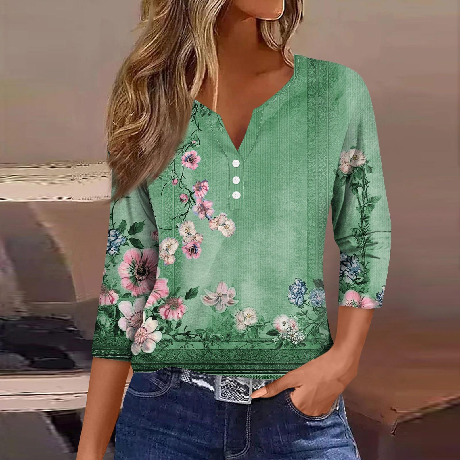 

Женский свободный повседневный топ с цветочным принтом и V-образным вырезом с рукавами семь четвертей Топ с V-образным вырезом и рукавами семь четвертей S