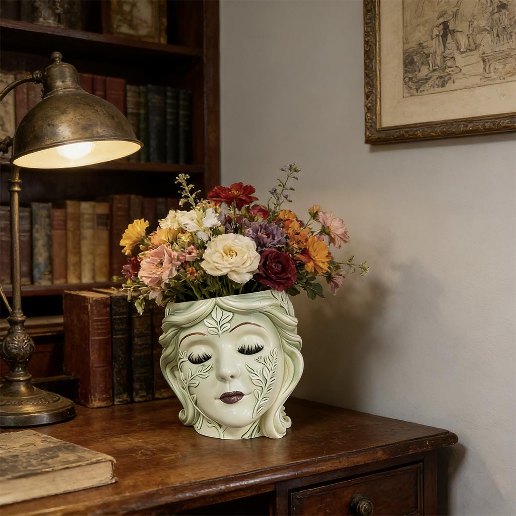 

One Vintage Goddess Head Planter, Hand-Painted Resin Face Flower Pot, Indoor Outdoor Garden Decor Home Ornament with Boho Artist S