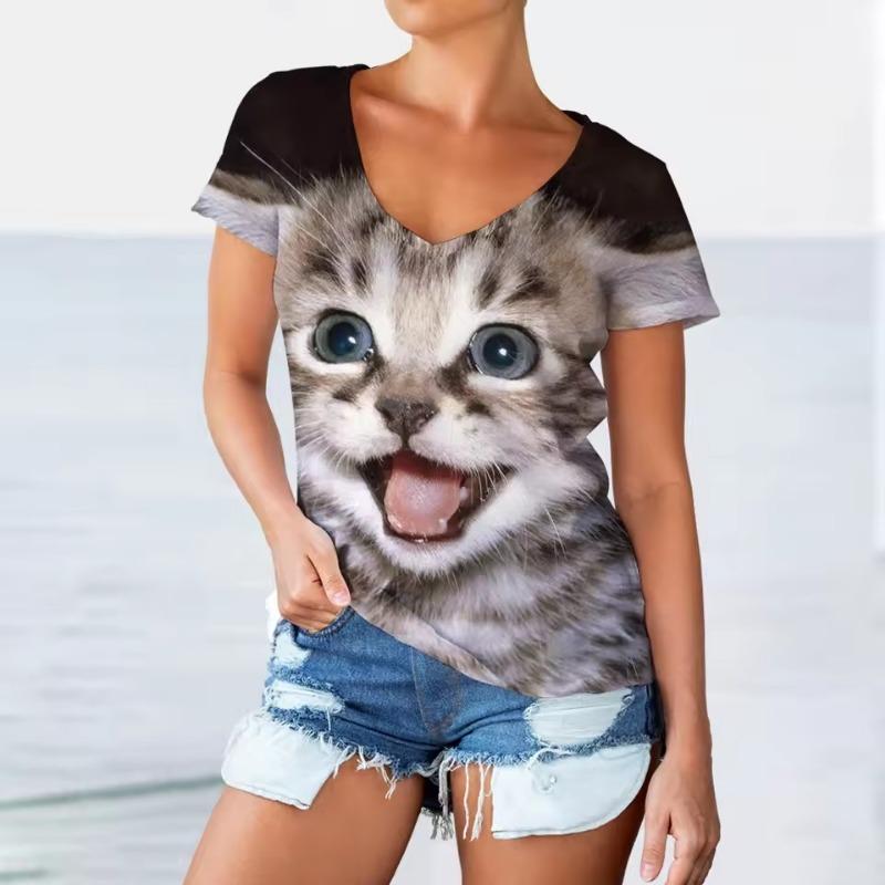 Women V-neck Short Sleeve Casual Fashion Kawaii Graphics T-shirt Oversized Female Girls Clothes 3D Funny Cats Print T Shirts