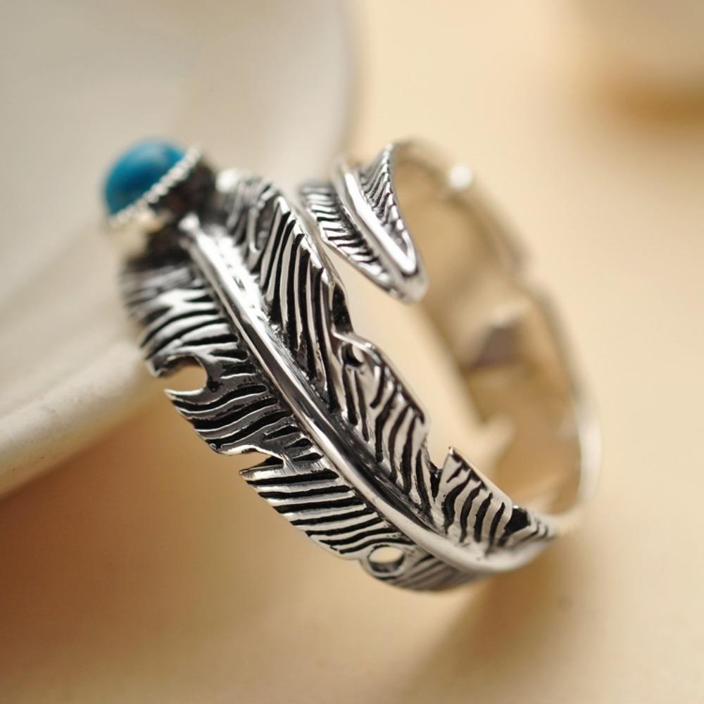 Open Ring S925 Silver Plated Vintage Thai Jewelry Synthetic Turquoise Feather Unisex Adjustable Tail Ring adjustable