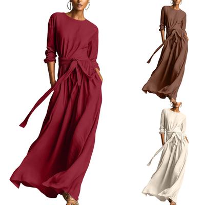 Vestido Casual e Elegante Feminino de Manga Comprida com Gola Redonda