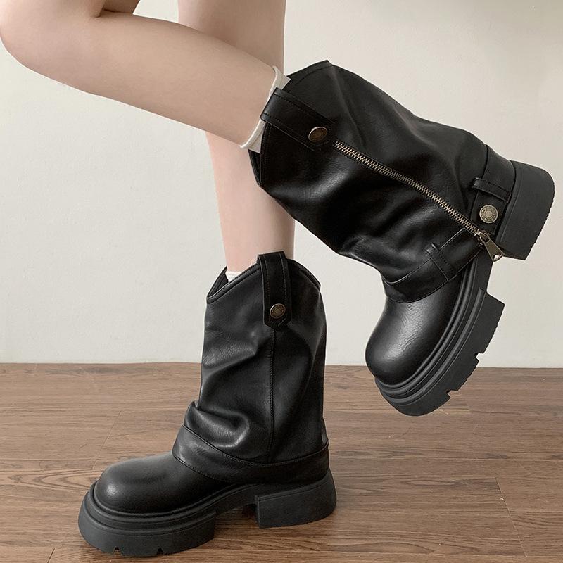 Fashion 2024 Autumn Women's Knee High Boots Western Round Toe Long Boots Women Western Shoes Chunky Heel Platform Women