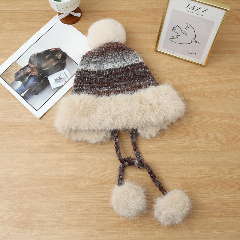 Winter Hat for Women Retro Knitted Hat Plus Velvet Thickened Ear Protection Cold Proof Wool Hat Cute Fur Ball Lace Head Hat