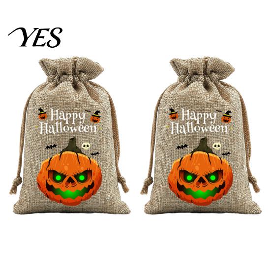 Trick or Treat Party Souvenirs 2Pcs Halloween Pumpkin Drawstring Bags for Candy Treats, Retro Burlap Cute Ghost Theme Pouches Bags, Portable