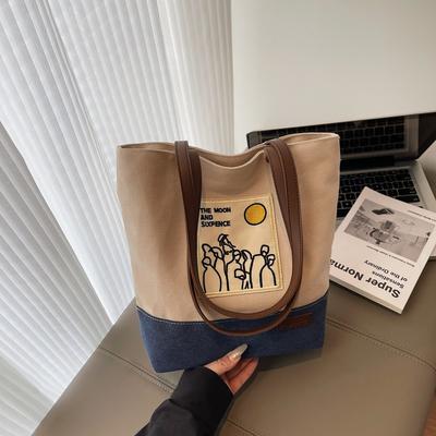 Large Capacity Canvas Bag Women's Summer New Casual Shoulder Shopping Bag Contrasting Color College Student Tote Bag