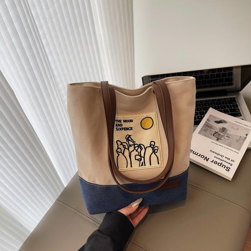 

Large capacity canvas bag women s summer new casual shoulder shopping bag contrasting color college student tote bag хаки