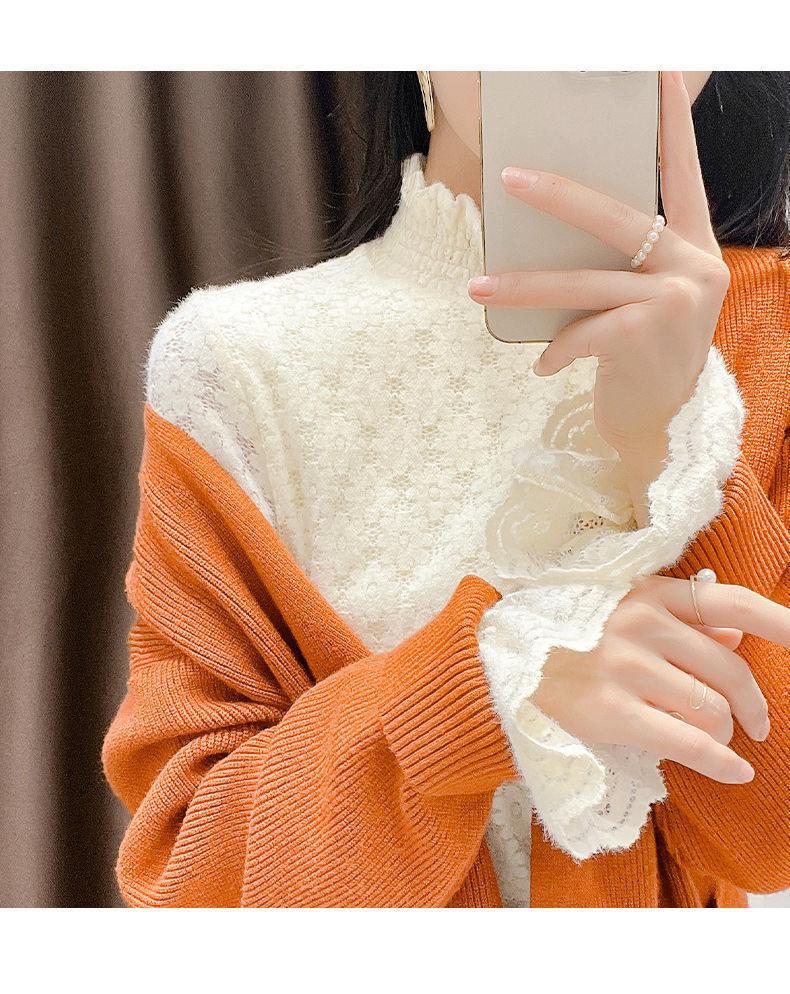 Women's Autumn/Winter 2120 Lace Fleece-Lined High Neck Base Layer Top - Fashionable, Thickened Innerwear 