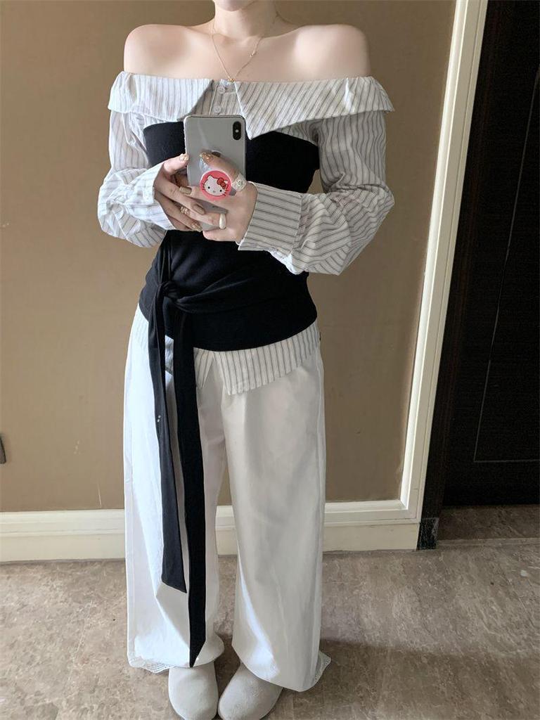 Korean Stripe Color Block Patchwork One-Shoulder Waist-Cinched Slimming Top for Women