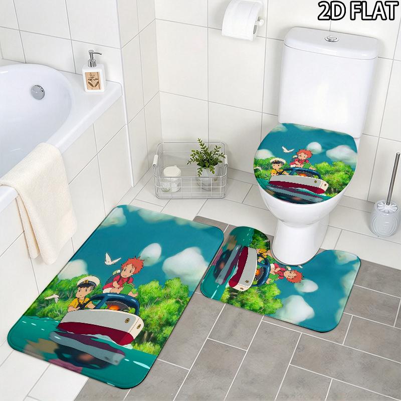 3pcs Ponyo2 Pattern Flannel Nonslip Absorbent Washable Decorative Bathroom Home Toilet Seat Cover Mat