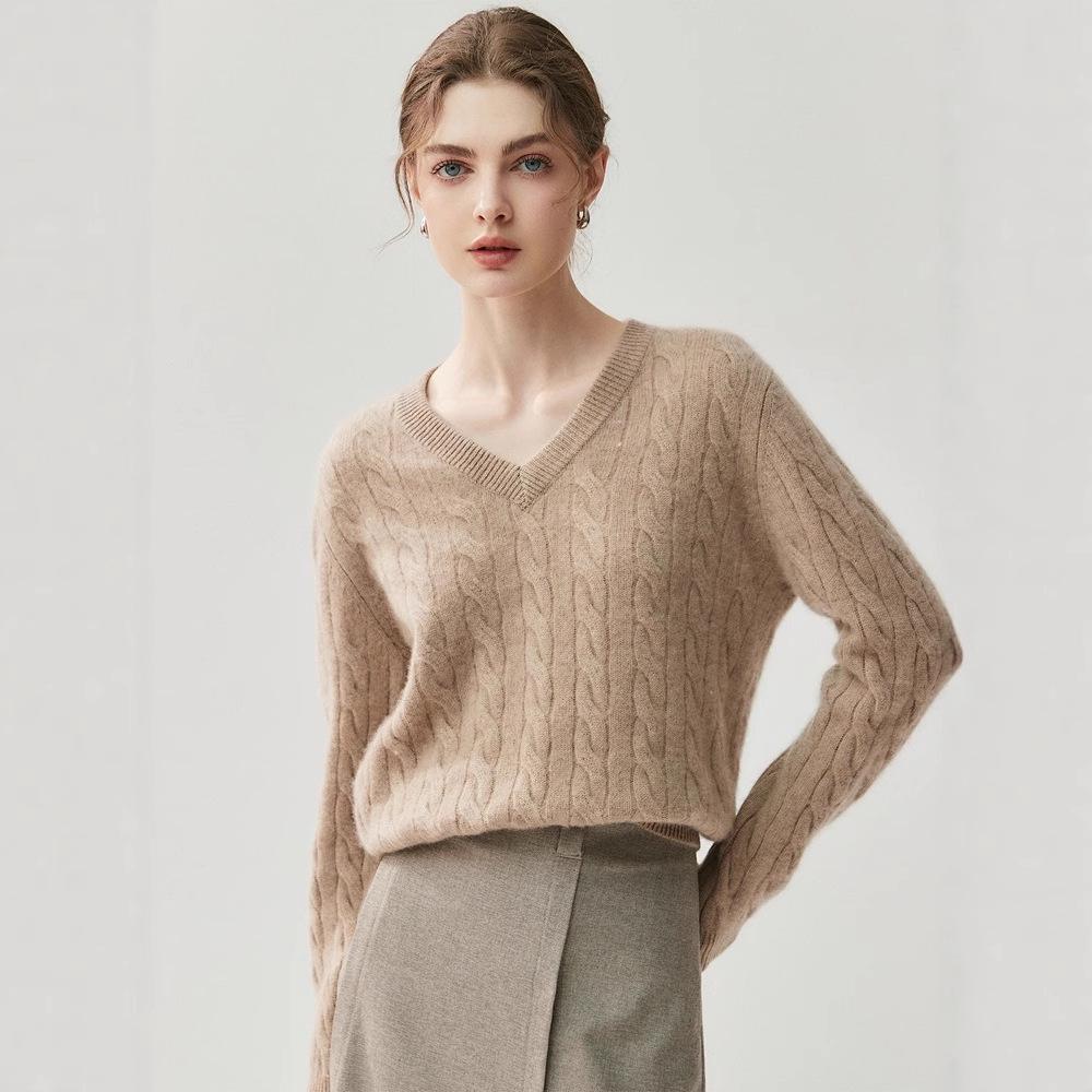 Meng Yi Women's Thick Cable Knit Cashmere V-Neck Sweater - Slimming, Elegant, Loose Fit for Autumn/Winter