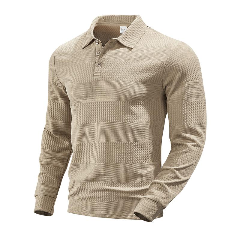 Men's White Waffle Textured Lapel Long Sleeve Slim Fit Polo Shirt