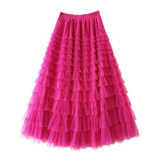 Saia Bolo Feminina Cintura Alta Elástica Linha A Barra com Babados Multicamadas Cor Sólida Saia Longa Trabalho Lazer Uso Diário