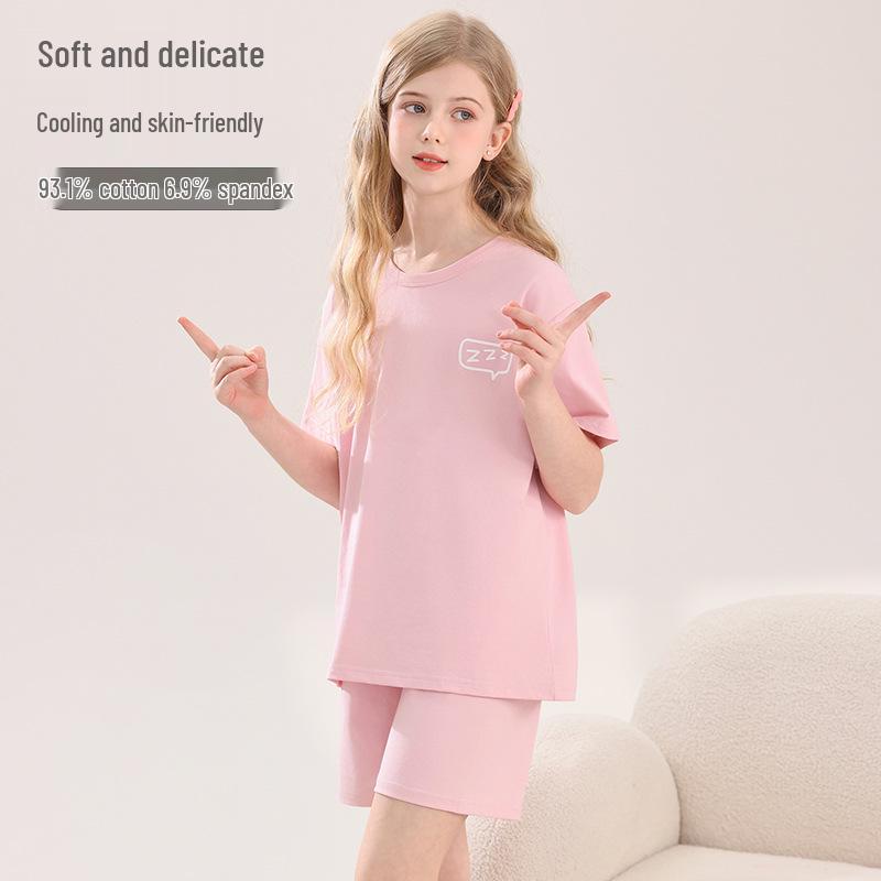 2026 Girls' Lycra Cotton Pajamas: Breathable, Cool Homewear Set for Kids