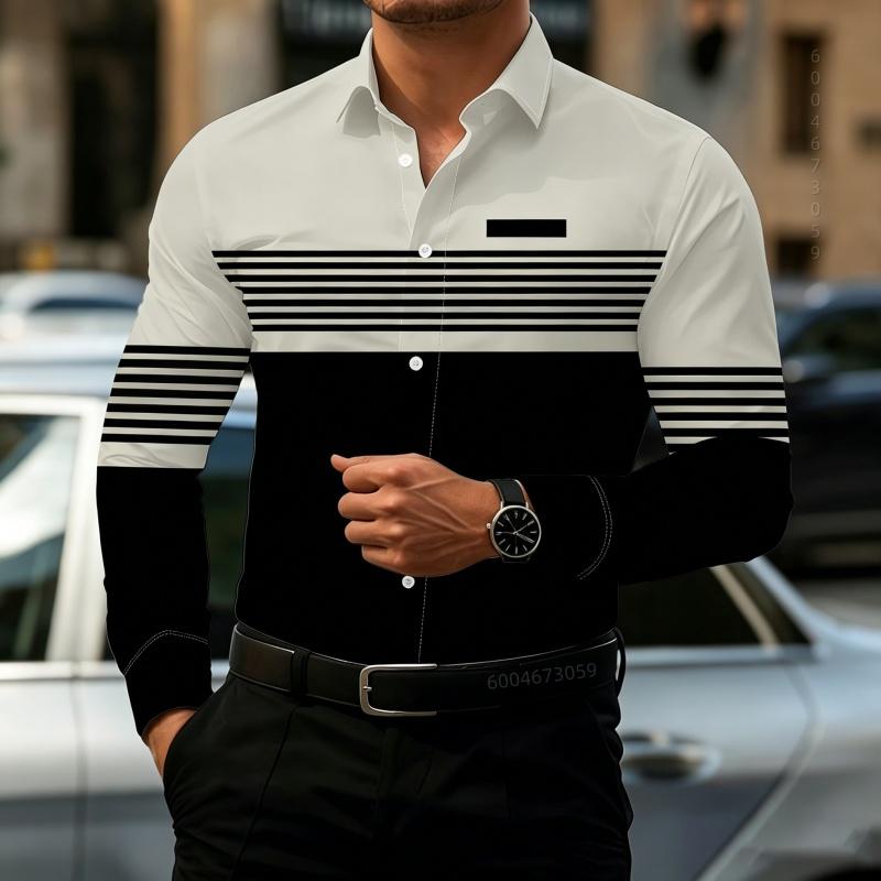 2026 New Men's Contrasting Striped Shirt Street Style Black and White Striped Slim Fit Shirt Business Casual Formal Shirt