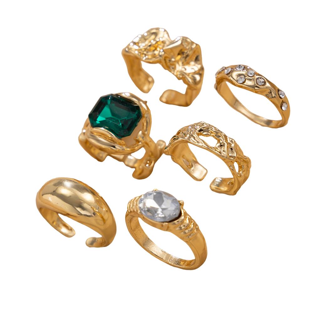 Gold Color Rhinestones Adjustable Opening Rings Inlaid Green Pink Stones Ring For Women 6 Piece Jewelry Gift Collection