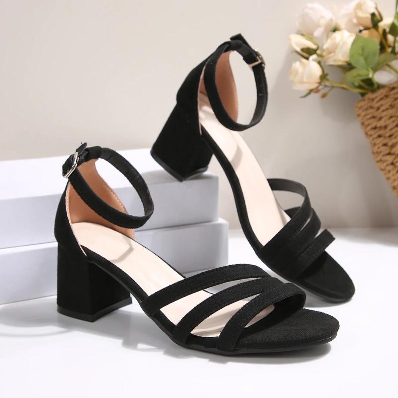 Fashion Block Heel Sandals Women's Fashion Round Toe Open Toe Cutout Breathable Suede Slip Strap High Heels