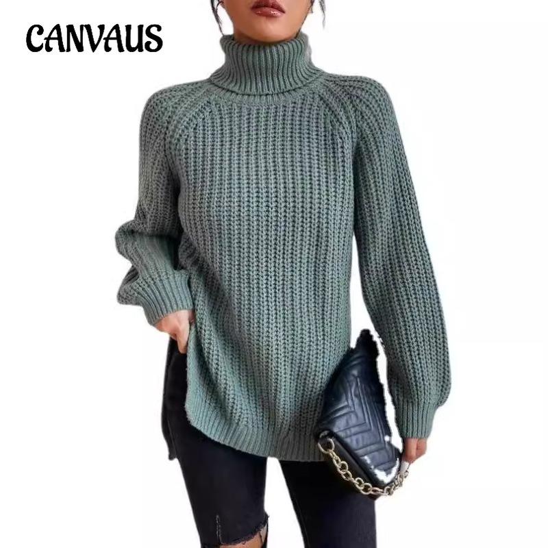 Women's Autumn and Winter Slouchy High Neck Zip Solid Colour Knitted Sweater