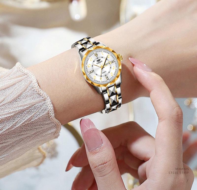 Rhombus Ladies Dual Calendar Waterproof Luminous Wristwatch with Solid Strap - Fashionable Gift for Women
