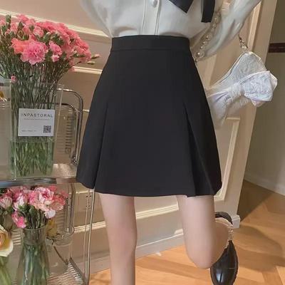Women's High-Waist Black A-Line Pleated Skirt - Spring 2024 College Style, Anti-Exposure, Short Skirt