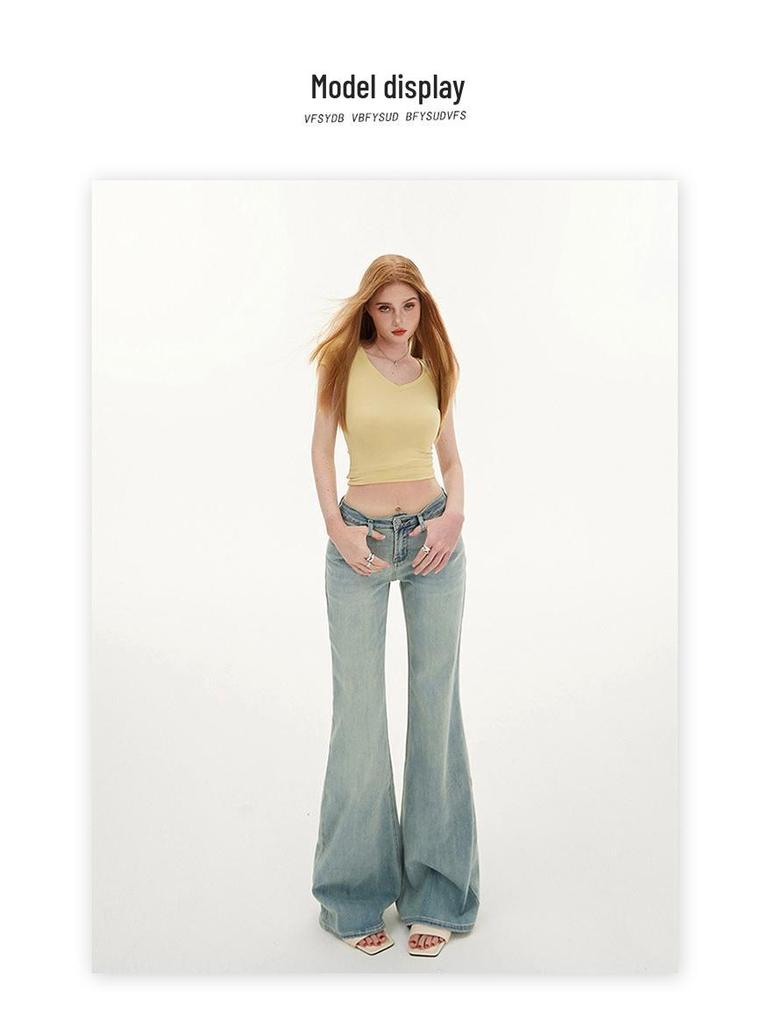 Women's Light Blue Micro-Flared Low-Waist Jeans: New for Spring & Autumn 2025, Slim Fit, Elastic, Spicy Girl Style