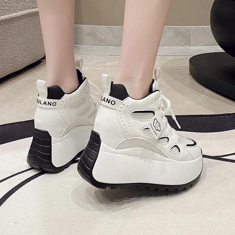 Fashion 10cm Spring Chunky Sneakers Women Lace-up Platform Sports Dad Shoes Woman Goth Thick Bottom High Heels Female Wedges Sneakers