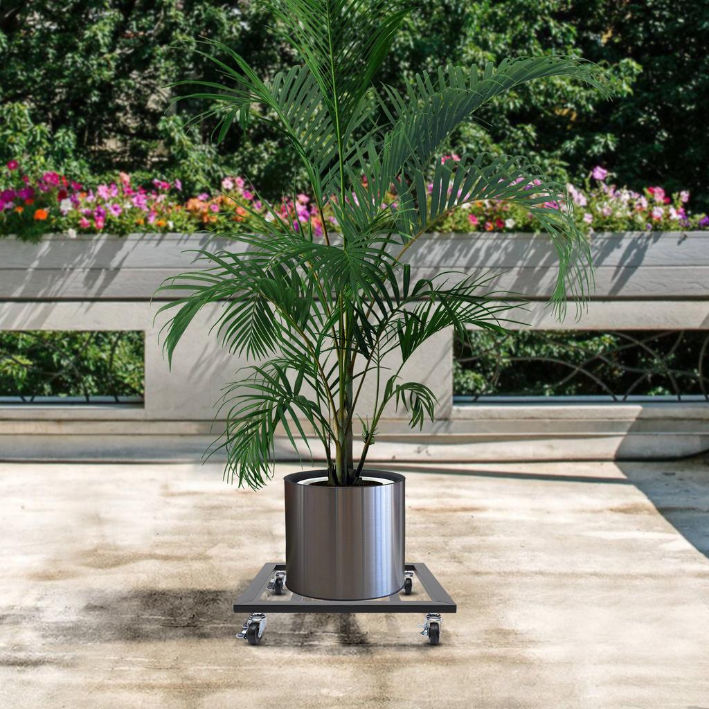 16x16 Inch Plant Stand with Wheels - Black Rolling Flower Pot Tray Holder | Modern Iron Plant Caddy | Durable Plant Tray Rack