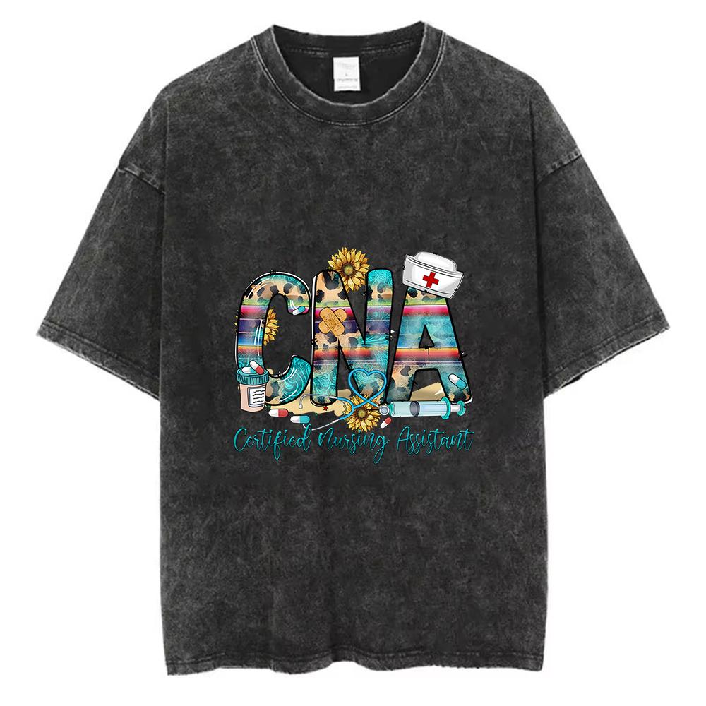 

CNA Certified Nursing Assistant Graphic Print Acid Wash TShirt Vintage Leopard Cow Print Casual Short Sleeve Loose Fashion Tops S