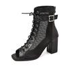 Fashion 2024Lace-up cold boots women's summer hollow short ankle  stiletto heels Plus size fish mouth sandals