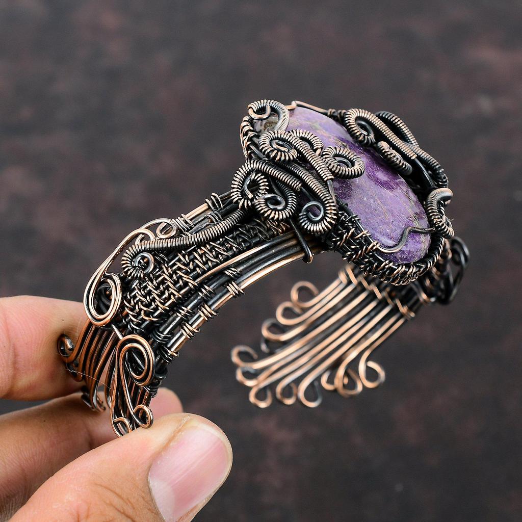 Purpurite Bangle Gemstone Cuff Bracelet Copper Wire Wrapped Adjustable Cuff Bracelet Handmade Purpurite Jewelry Copper Bangle Gift For Him