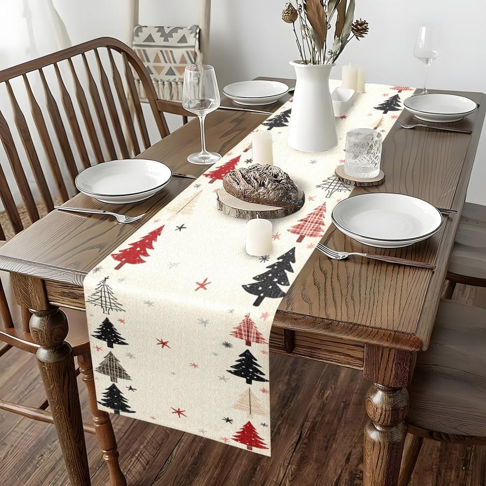 Elegant Red Black Beige Christmas Table Runner With Stylized Pine Trees & Snowflakes - Christmas Decorations For Home