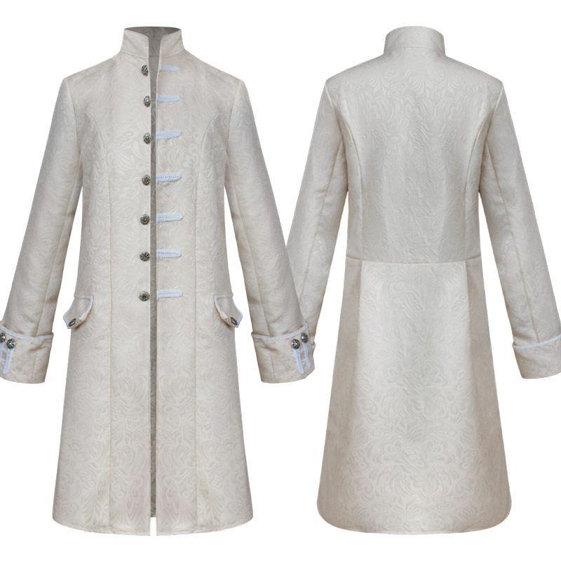 

New Foreign Trade Men s Coat, Solid Color, Fashionable Steampunk Retro Men s Uniform, Stand Collar, Halloween Cosplay Outfit Jacquard Medieval Men s Clothing (White) 4XL
