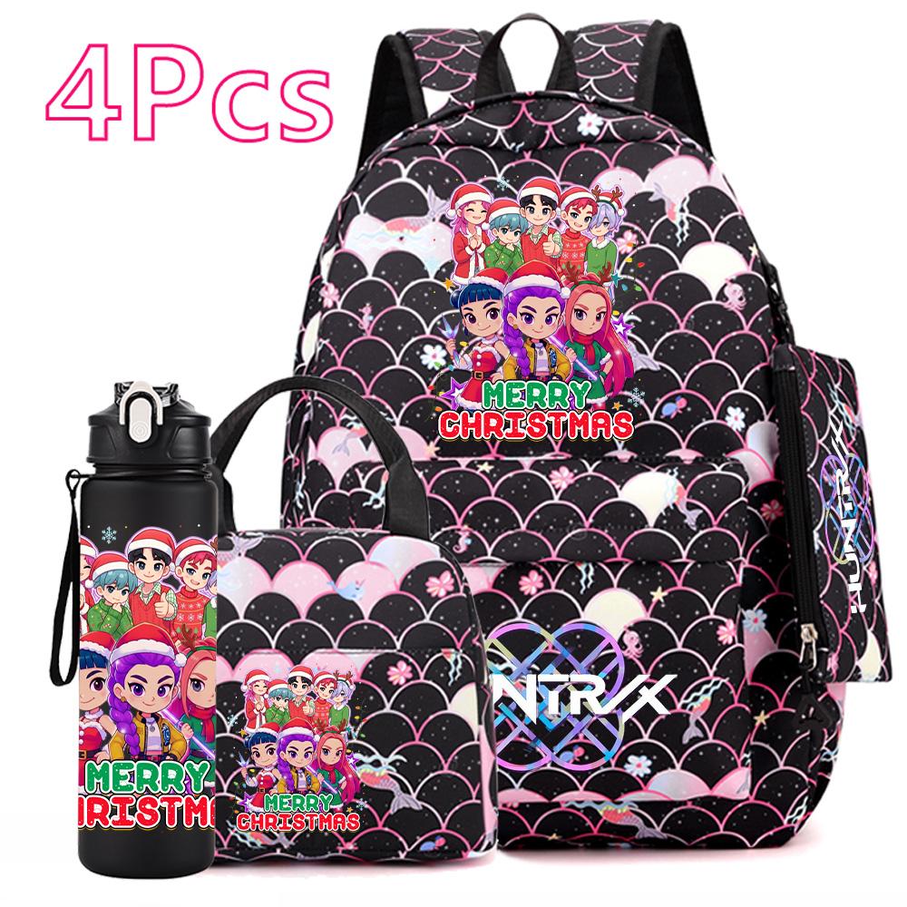4Pcs/set Christmas Kpop Printed Backpack with Handbag Pencil Case 750Ml Water Bottler for Teenager Boy Girl Large Capacity Bookbag Schoolbag Kid Gift