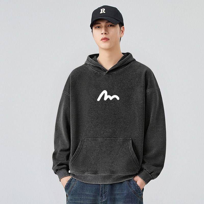 Foreign Trade Surplus Casual Lazy Style Hooded Pure Cotton Sweatshirt for Men, Spring Trendy Brand Printed Loose Long-Sleeve Top Jacket