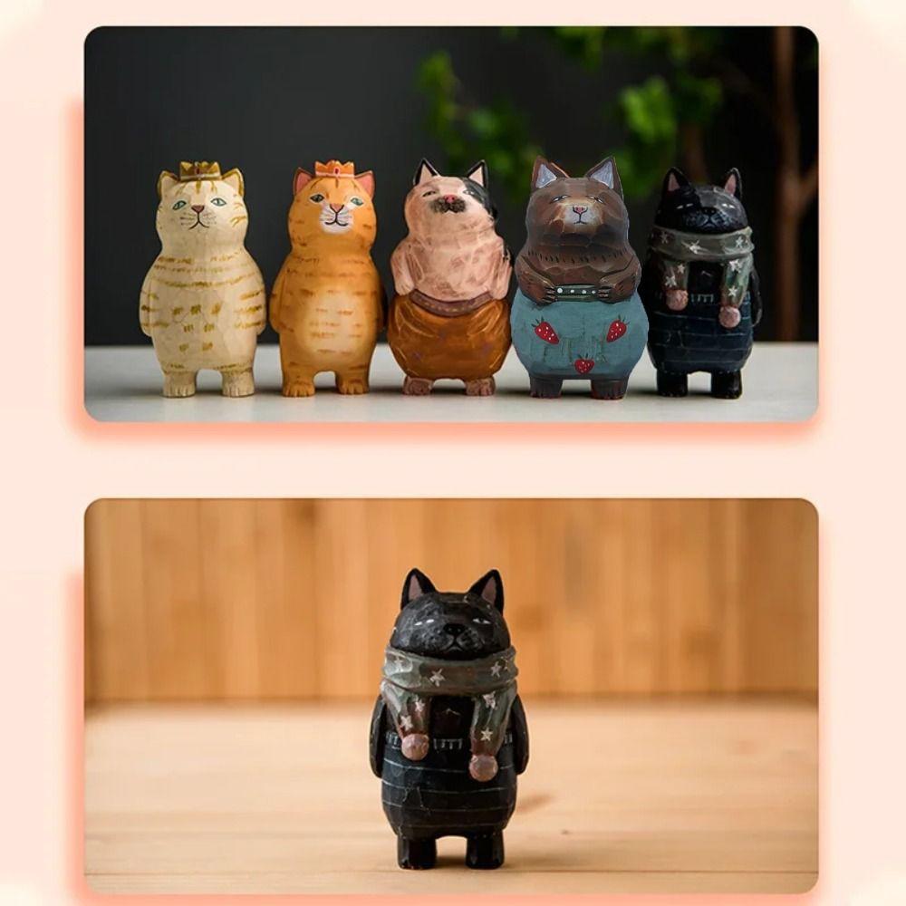 Small Painted Cartoon Cat Sculpture Cute Hand Engraving Cat Decorations  Decorations
