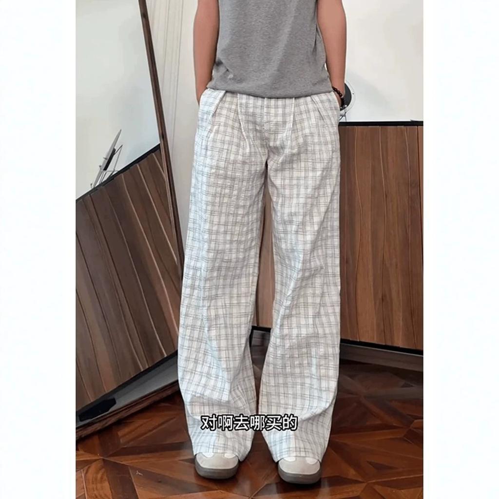 Why So Far American Seersucker Plaid Pants Men's Summer Thin Cool Breathable Cleanfit Straight Micro-pull Pants