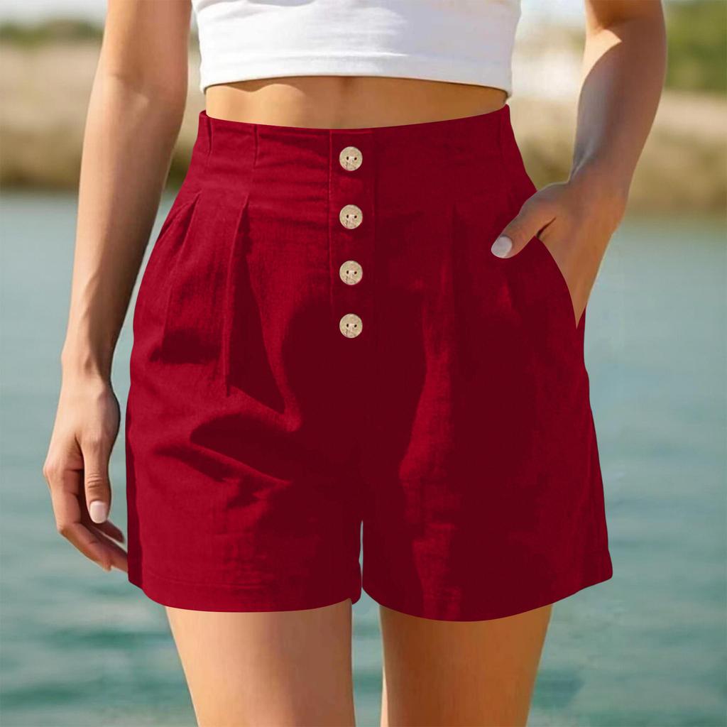 Women High Waist Casual Shorts Button Front Loose Fit Summer Beach Shorts with Pockets for Daily Wear and Relaxed Outings