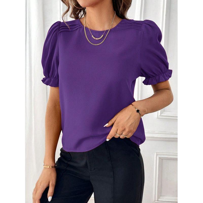 

2025 Fashion Temperament Solid Color round Neck Shirt Top Purple M