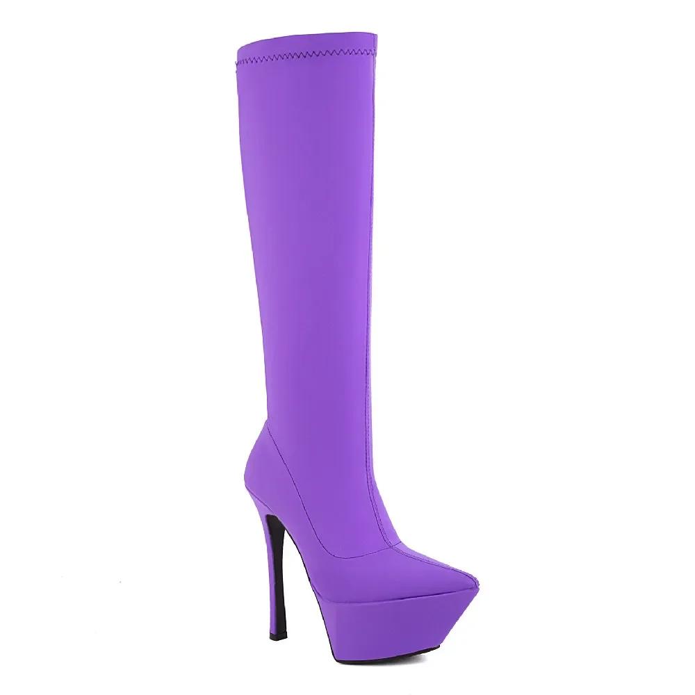 Fashion Women Knee High Platform Boots Rosy Red Black Stretch Satin Thin Heels Pointed Toe Sexy Lady Slip-on Stiletto Half Boots