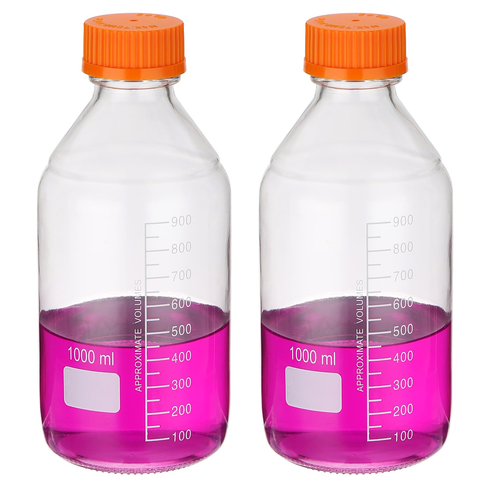 PATIKIL 2-Pack Reagent Storage Bottles, 1000ml, Borosilicate Glass, Median Storage Bottles, Graduated Markings, Round Bottles, Orange, GL32, Screw Cap