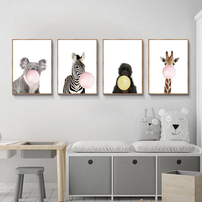 Dipinti su Tela Stile Vivaio Animale Soffiando Bolla Zebra Giraffa Nordico Arte Murale Immagini per Interni Stanza Decorazione Casa Poster