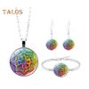 1 Set Women Jewelry Set Flower Print Glass Pendant Vintage Ethnic Style Prom Party Earrings Necklace Bracelet Combo Ideal Christmas Gift