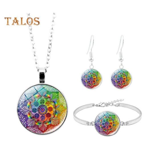 1 Set Women Jewelry Set Flower Print Glass Pendant Vintage Ethnic Style Prom Party Earrings Necklace Bracelet Combo Ideal Christmas Gift